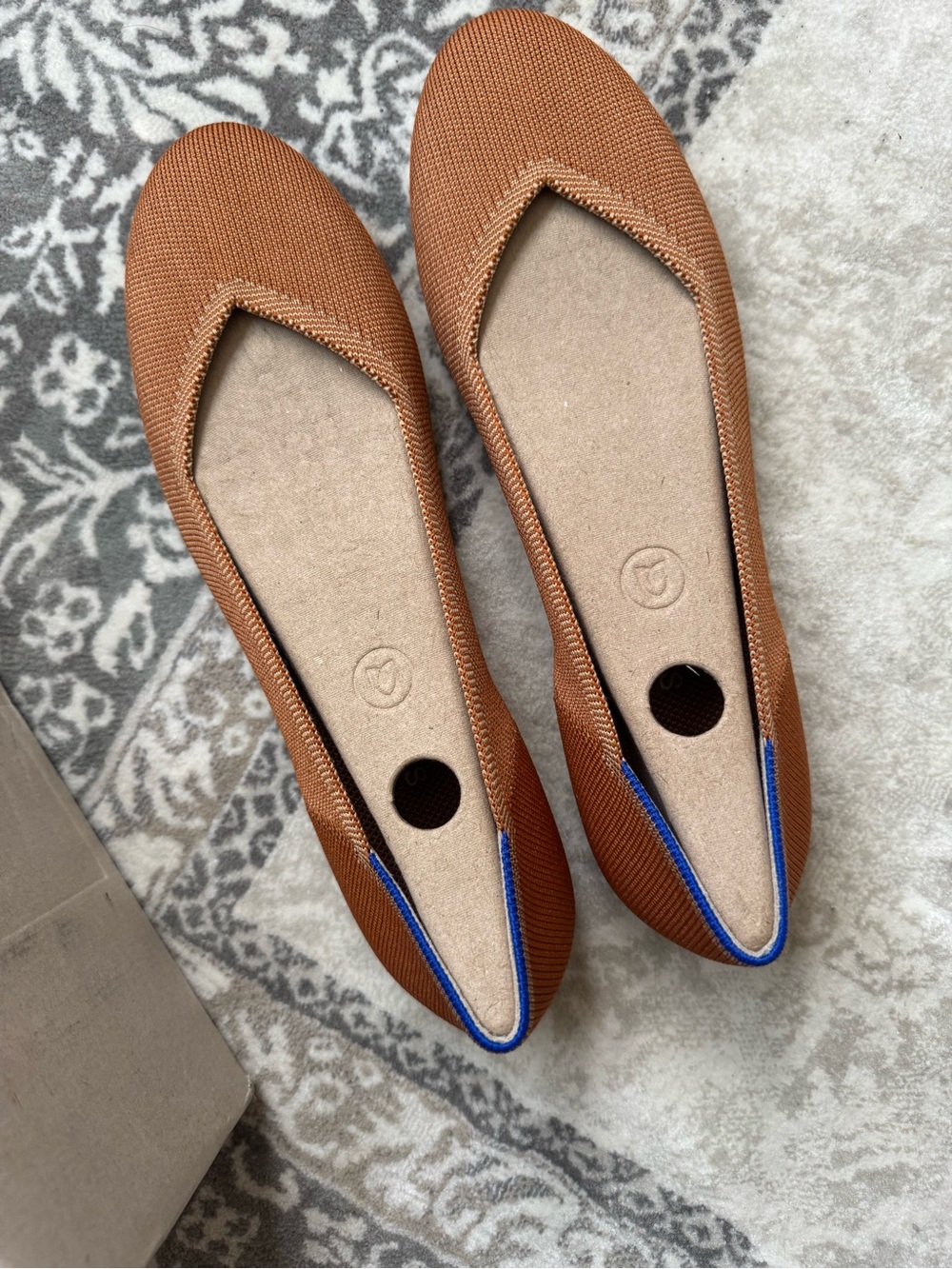Rothy's Tan Knit Flats with Blue Trim. Color fawn. Size 11.5